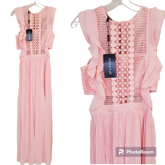 NWT APART Maxi Dress Size 6 Mesh Macrame look top flutter sleeves Bandeau slip - Picture 1 of 11